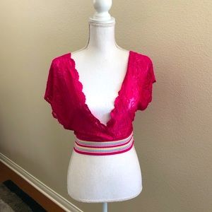 Plunging Pink Lace Top Low Back Blouse Sheer